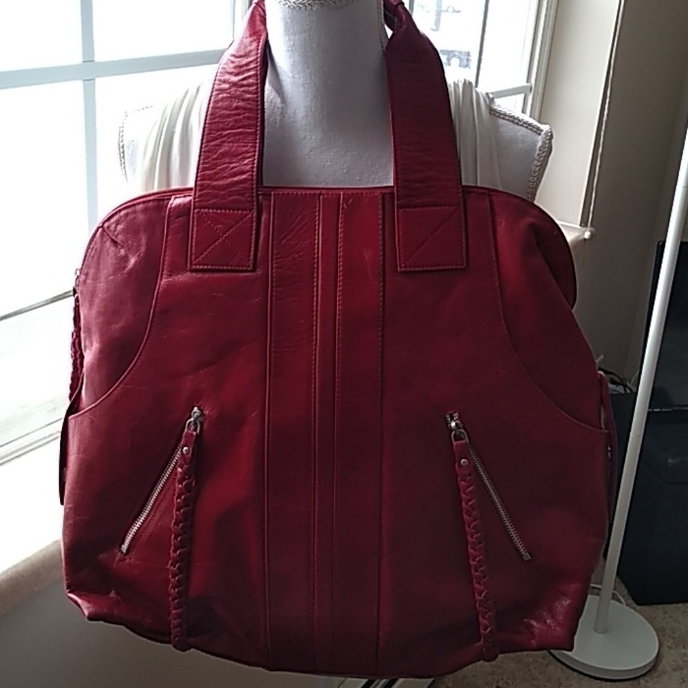 XL Red Latico Embossed Leather Bowling Handbag